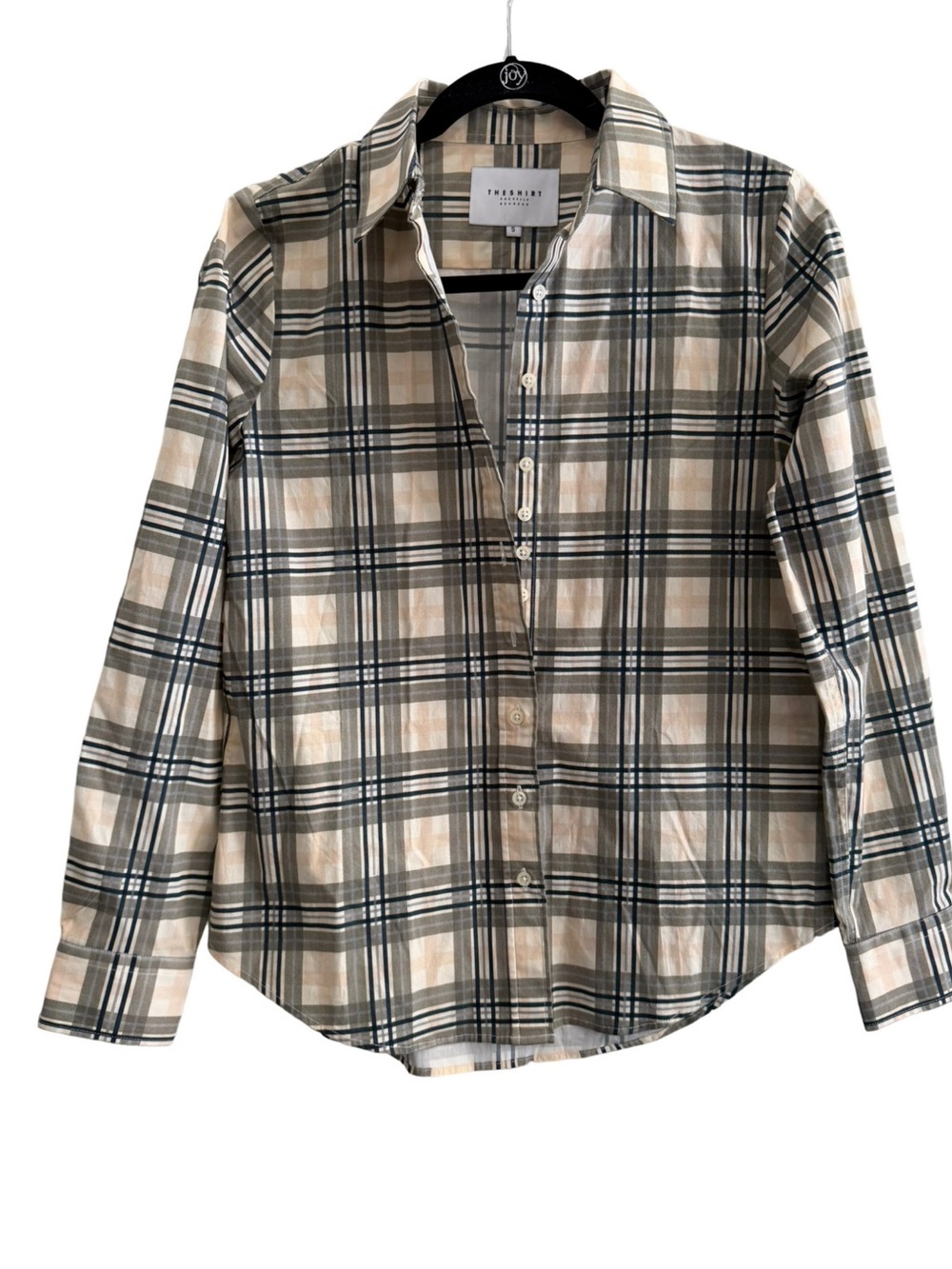 THESHIRT Plaid Button Down Shirt Women's Small Beige Gray Stretch Cotton